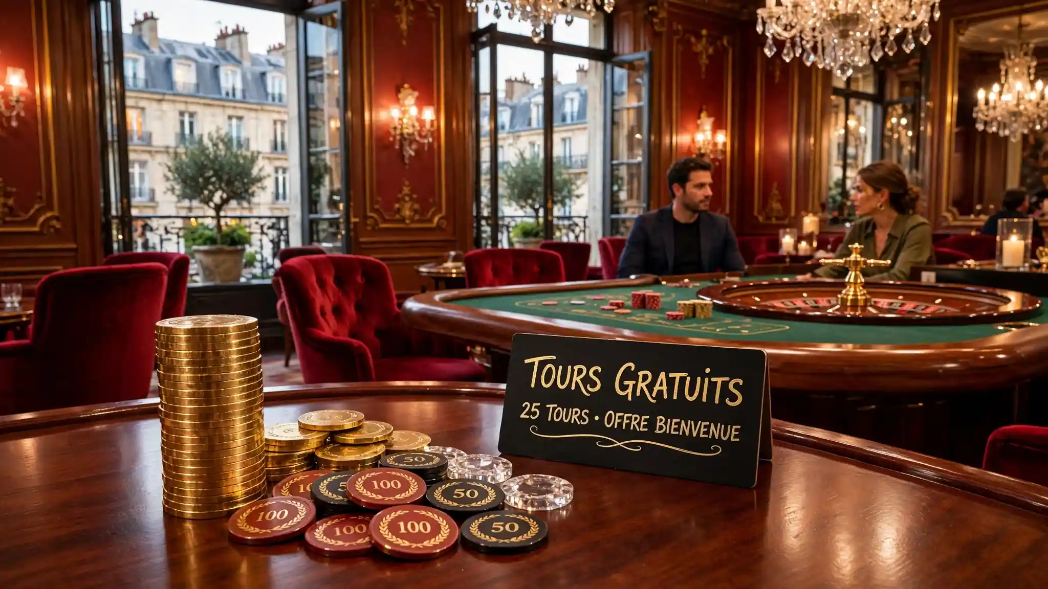 Lounge de casino français avec jetons et ambiance luxueuse