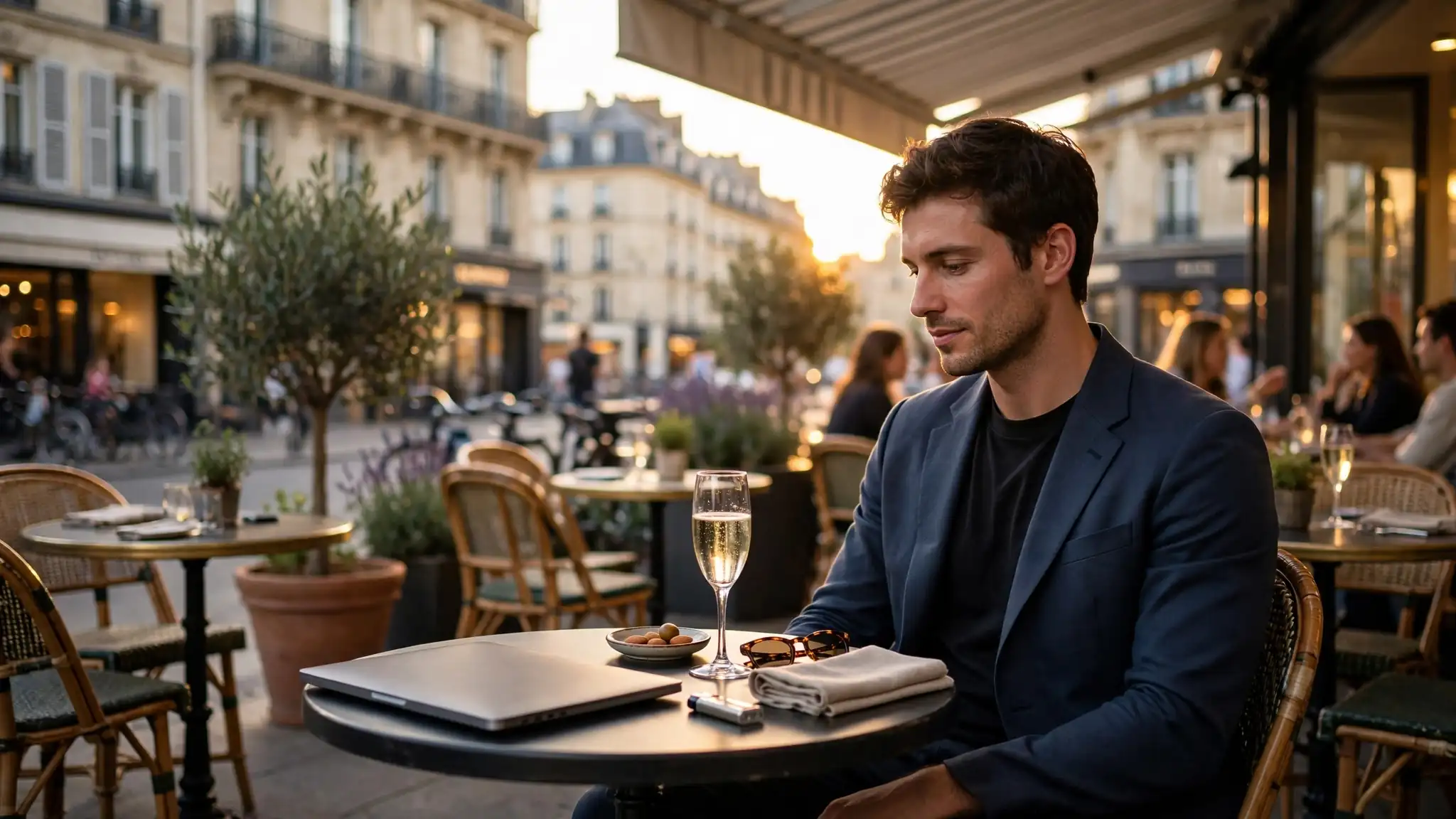 Terrasse de café parisien au coucher du soleil avec un jeune adulte élégant.