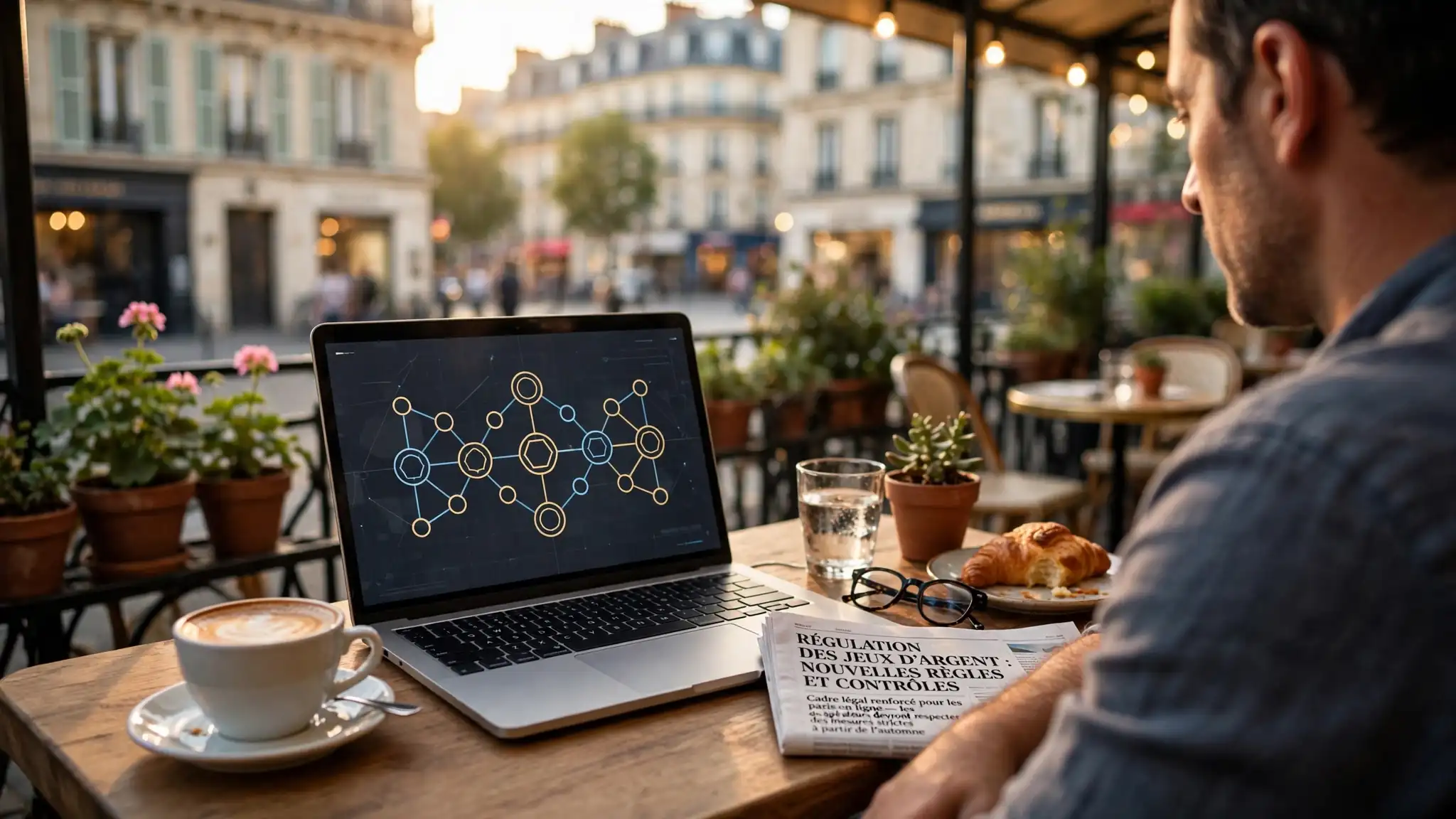 Terrasse de café parisienne avec ordinateur portable et ambiance crypto élégante