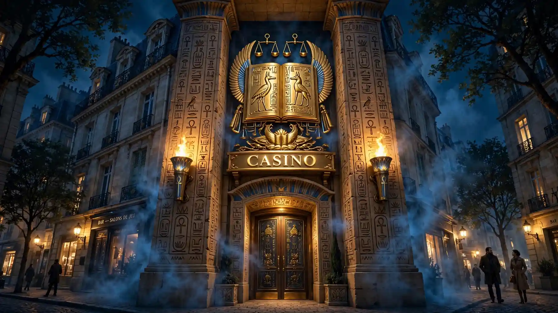 Entrée de casino nocturne avec des piliers égyptiens et le symbole du Livre des Morts en or.