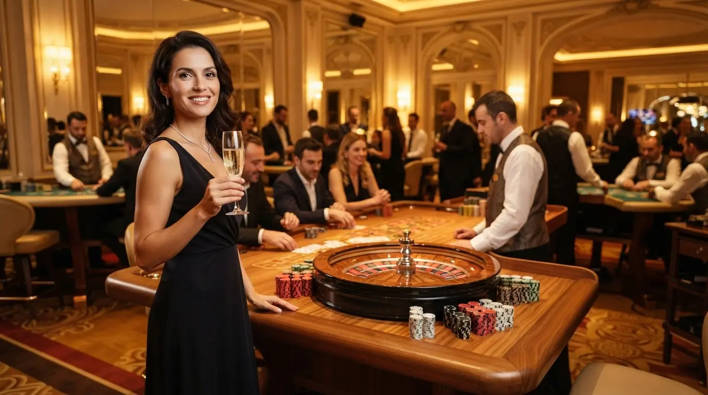 Casino français élégant avec jetons, roulette et femme chic tenant du champagne
