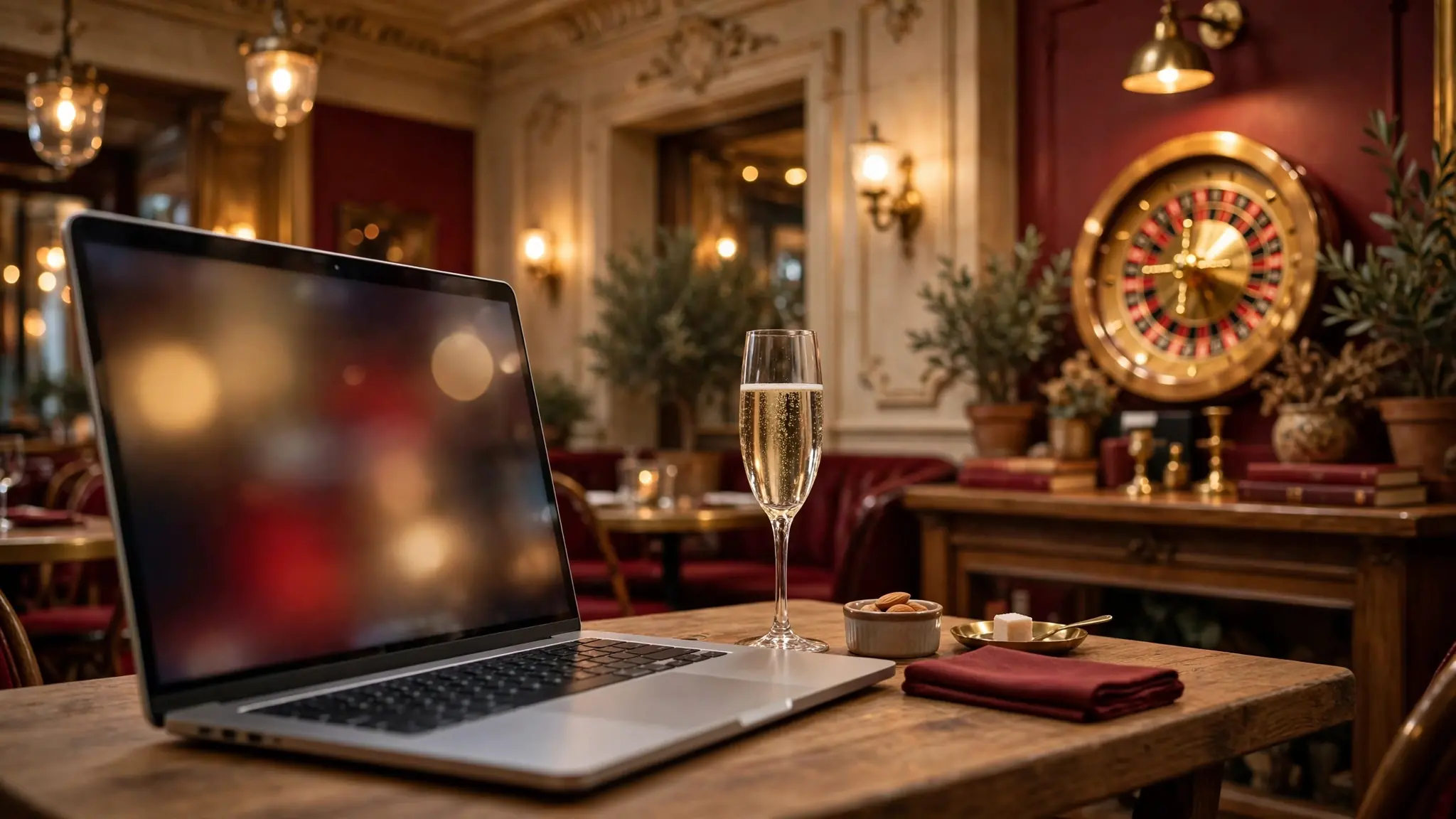 Café parisien élégant avec ordinateur portable, champagne et roulette dorée