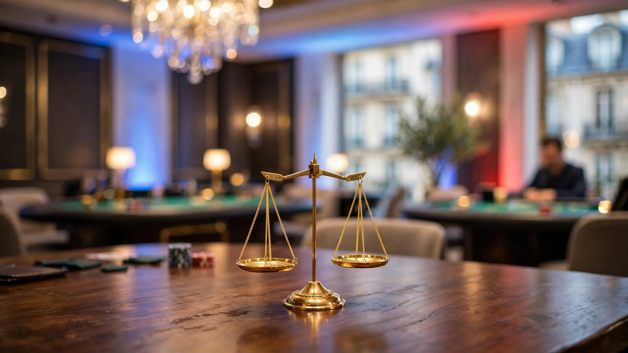 Photo d'un casino français avec une balance de justice dorée et lumière chaleureuse.