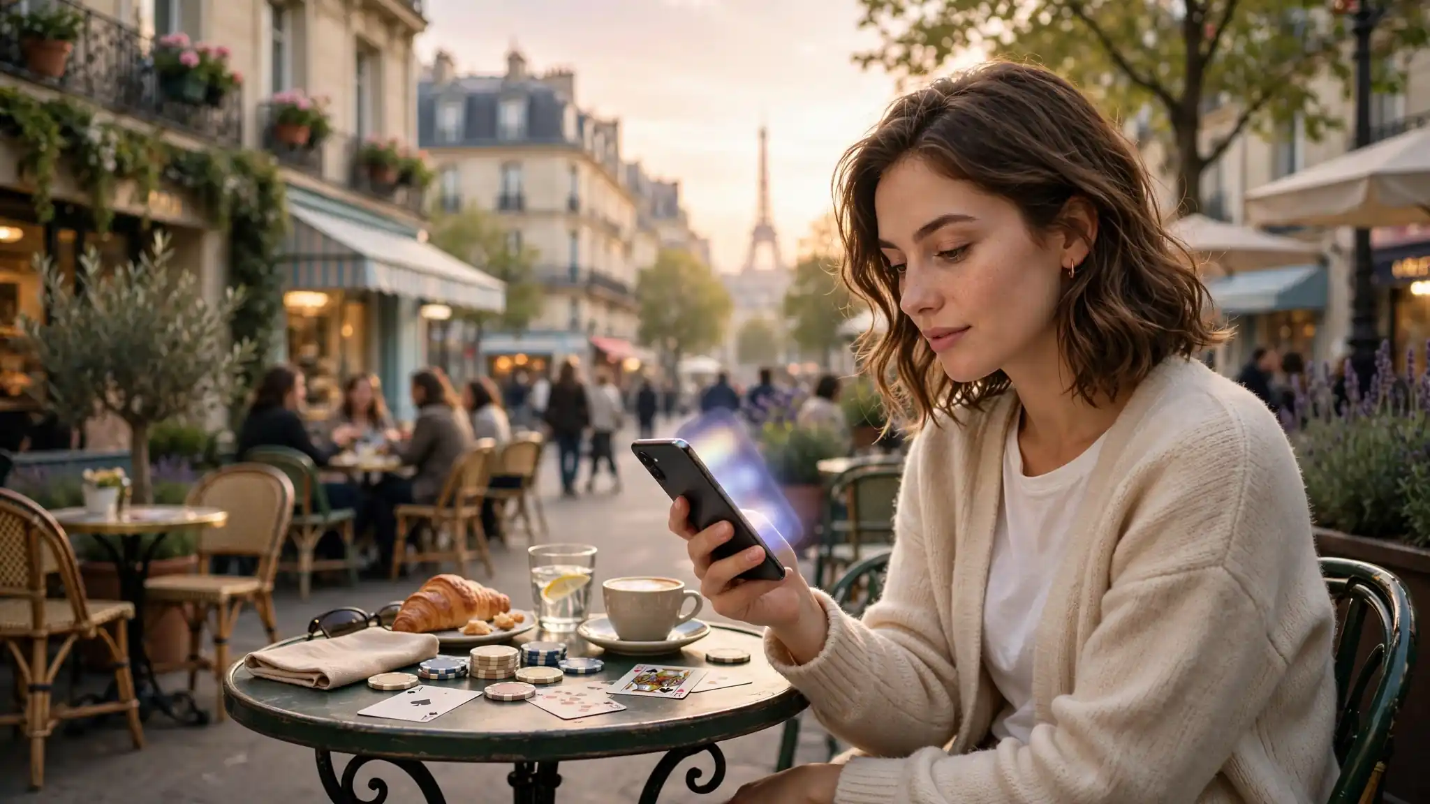 Femme française avec smartphone, jetons de casino sur terrasse parisienne
