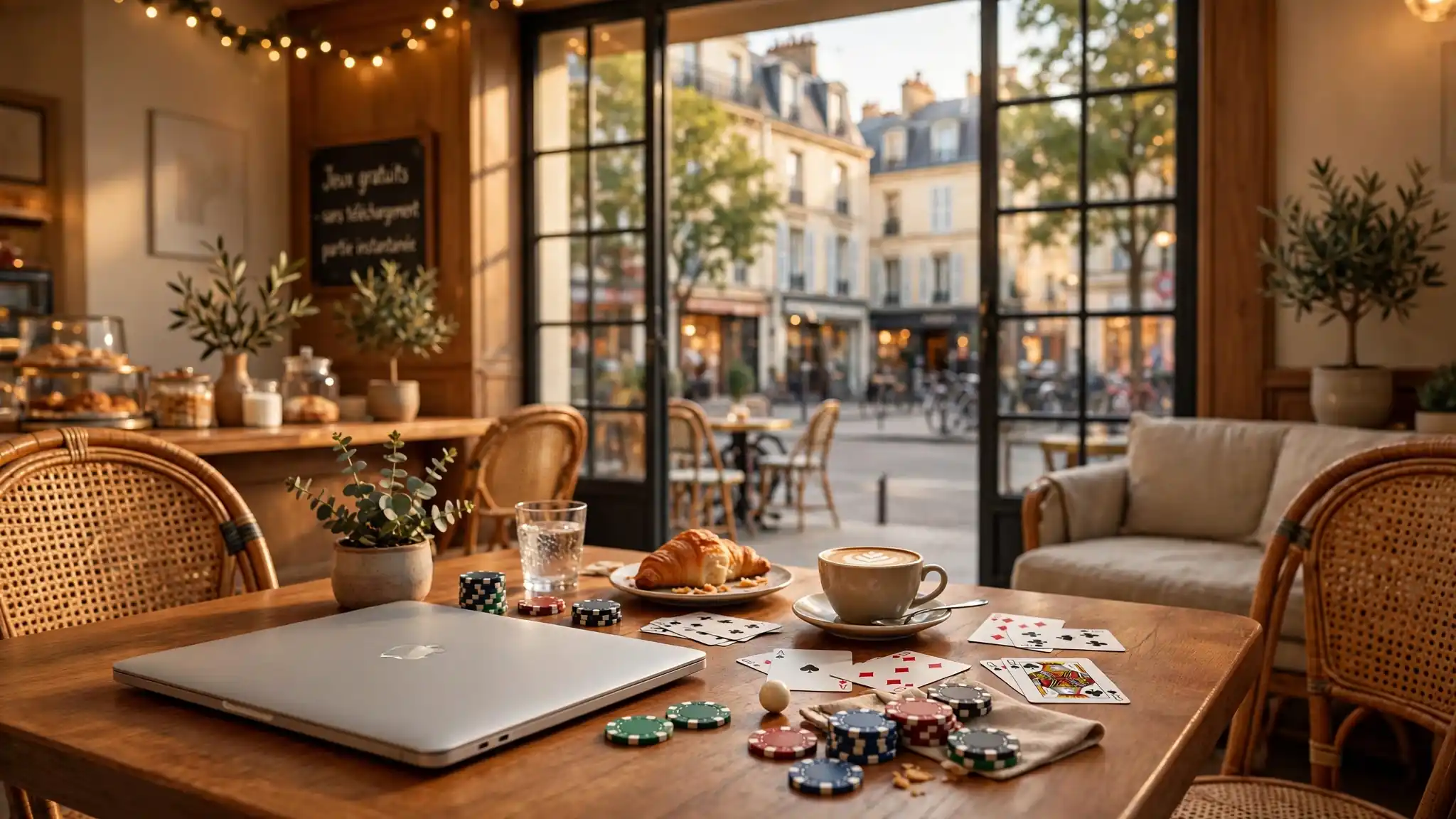 Café français avec ordinateur fermé et jetons de casino.