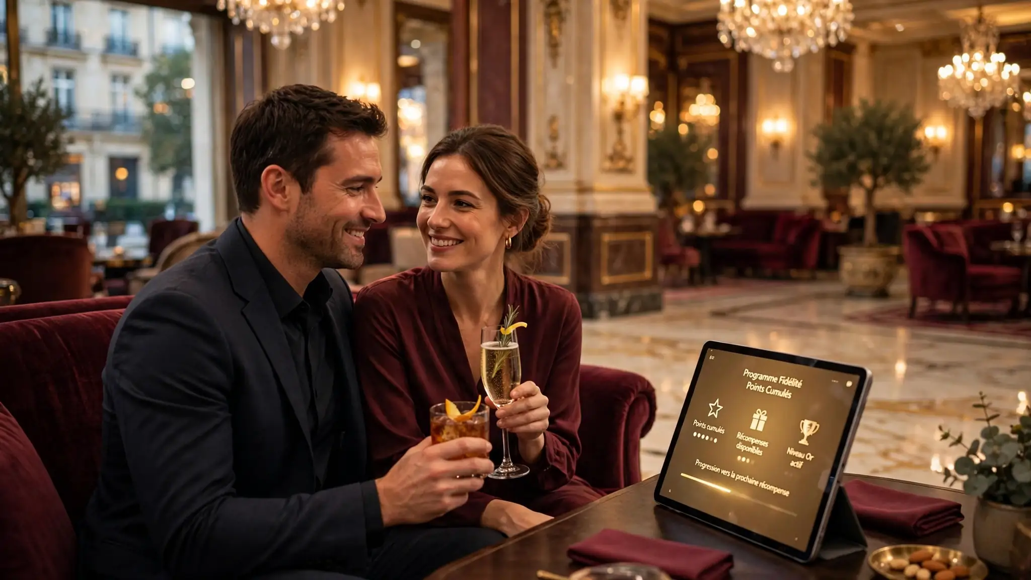 Intérieur élégant d'un casino français avec tableau de fidélité discret