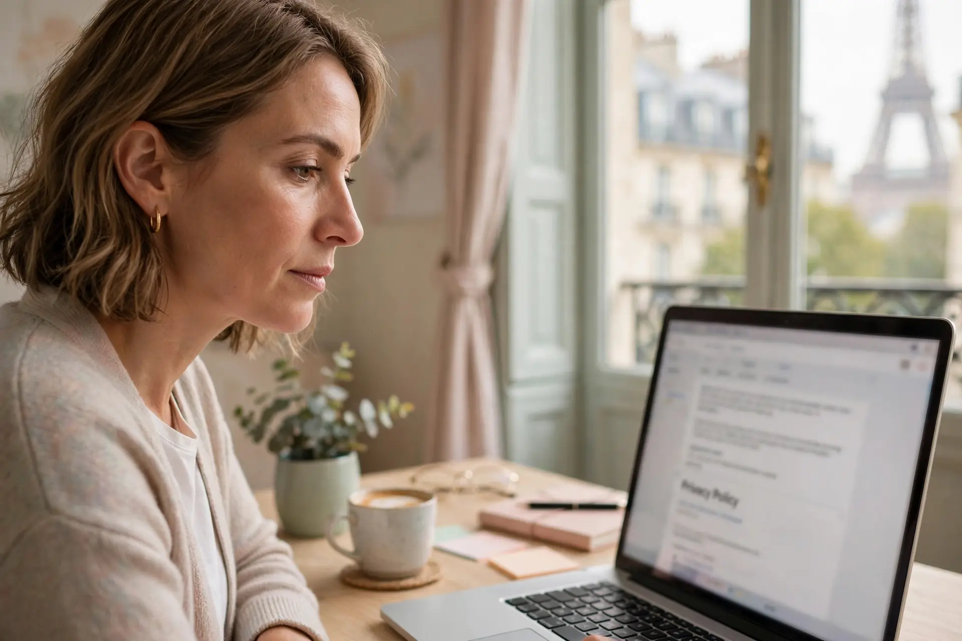 Photographie d'un bureau français moderne évoquant la confidentialité des données.