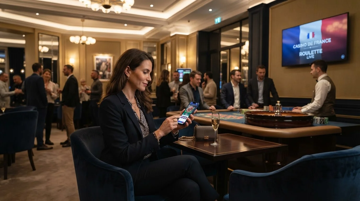 Bureau français moderne avec chips de casino et drapeau