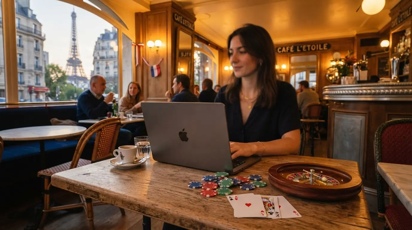 Café parisien élégant avec ordinateur, jetons de casino, roulette, cartes.