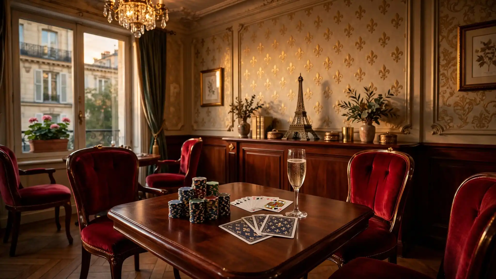 Lounge de casino français avec chips, cartes et champagne, ambiance luxueuse