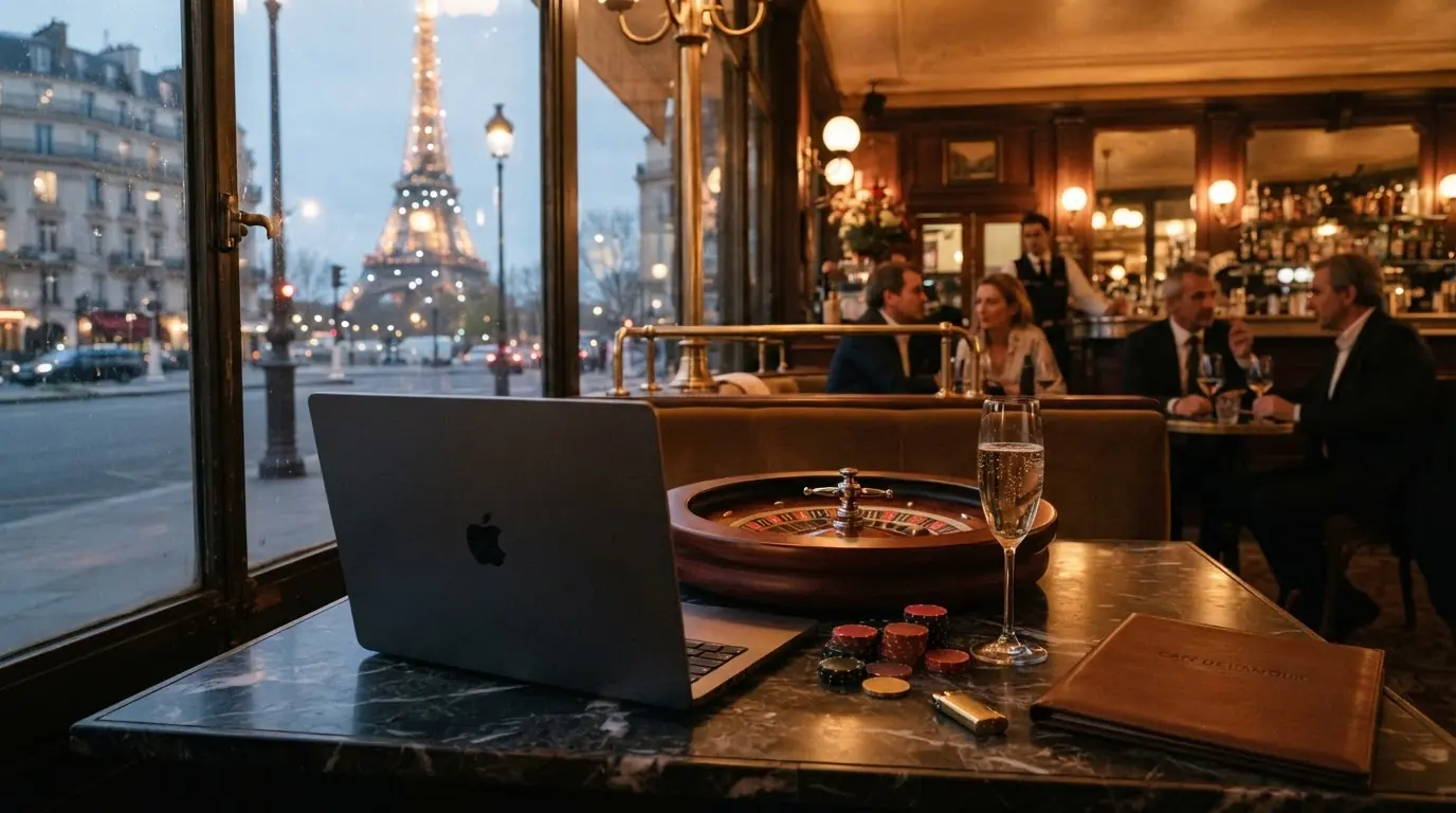 Café parisien élégant avec ordinateur portable, jetons de casino et roulette.