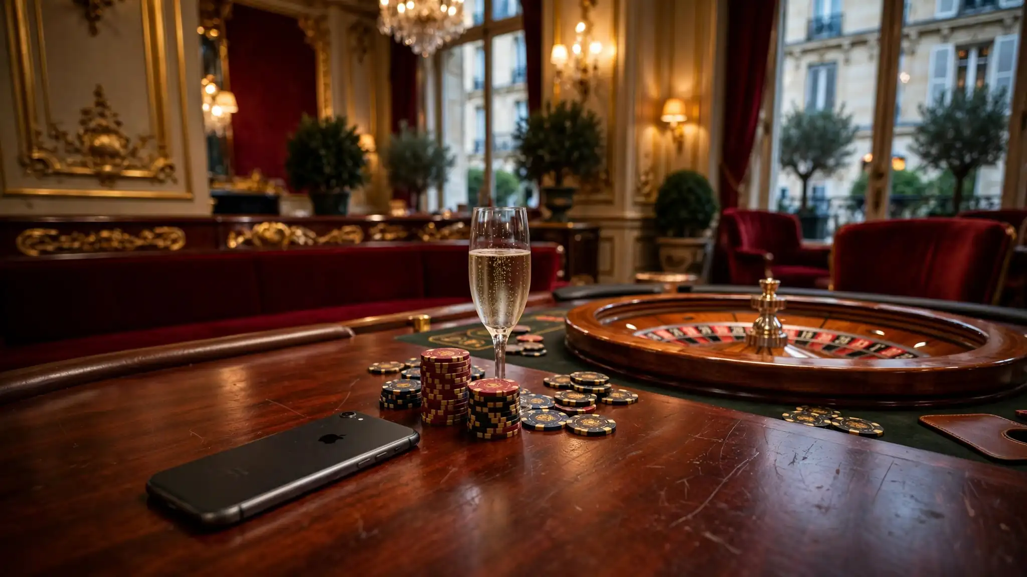 Jeune français au café, iPhone tourné, jetons de casino