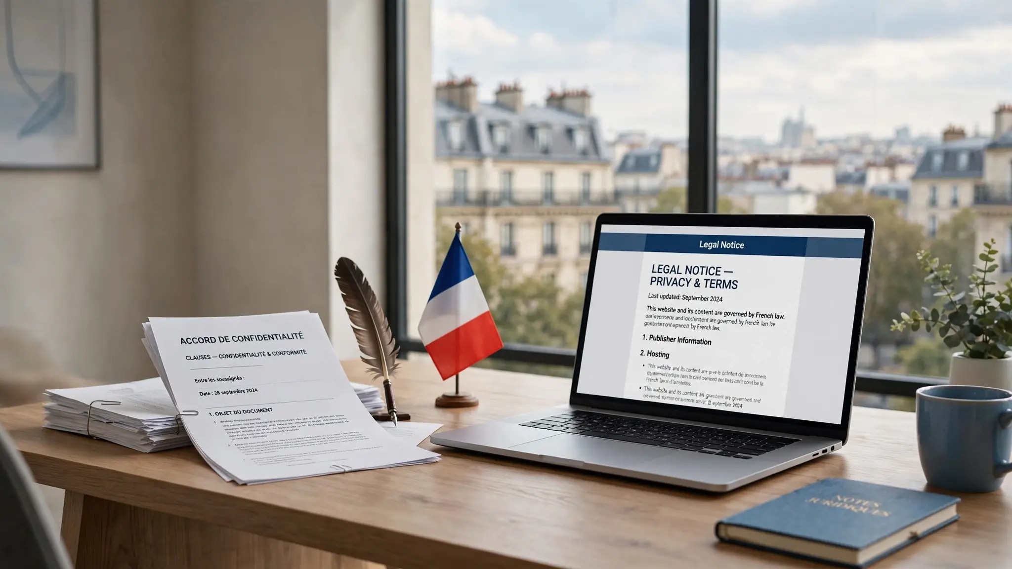 Bureau français avec drapeau, livre juridique et tasse de café