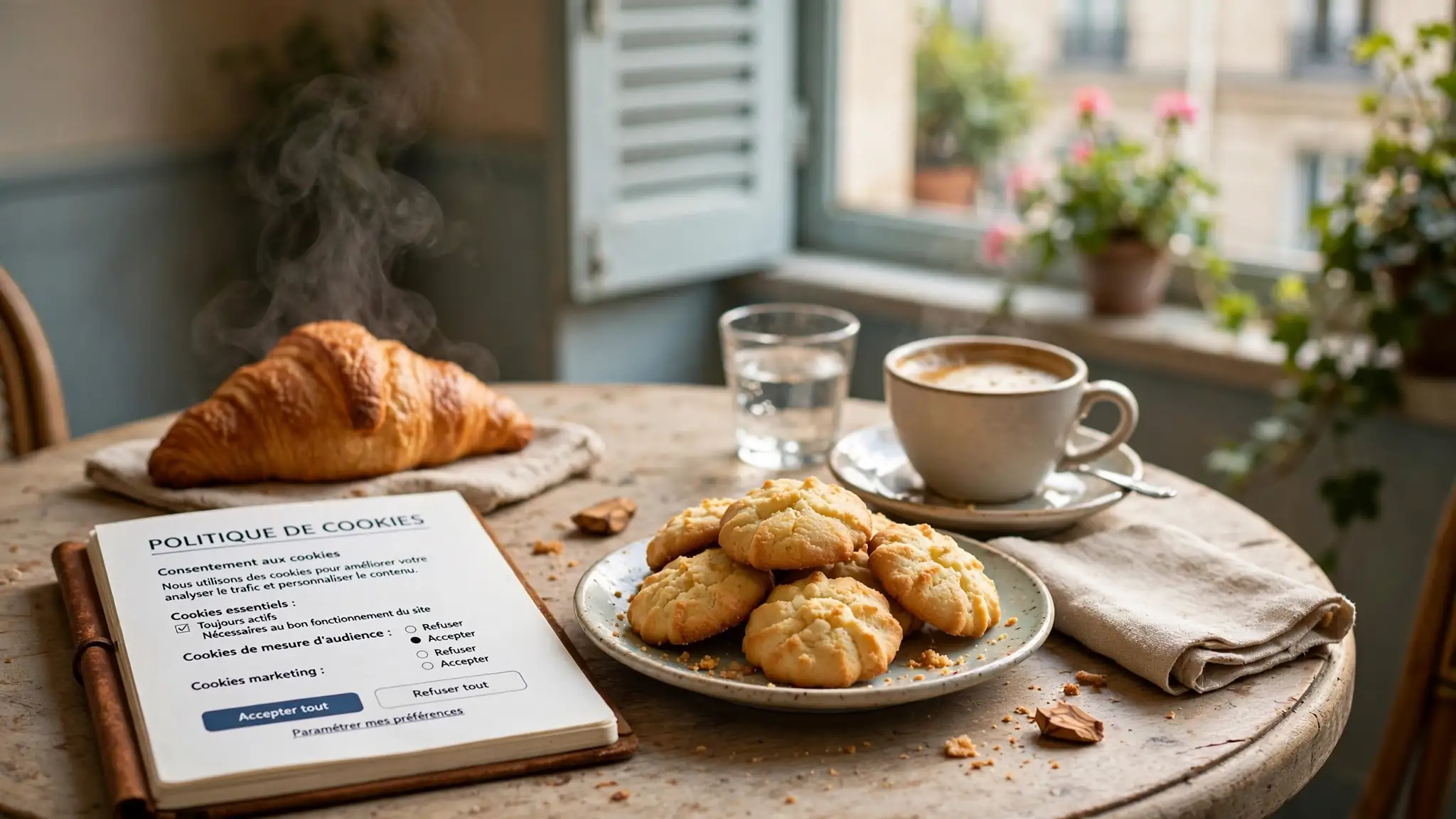 Façade d'une boulangerie française avec cookies et tasse de café.