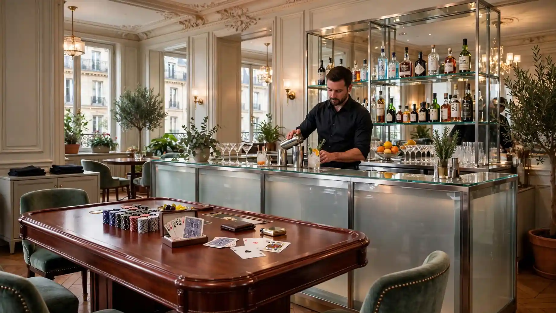 Bureau français avec ordinateur fermé, café et documents d'évaluation de casino.