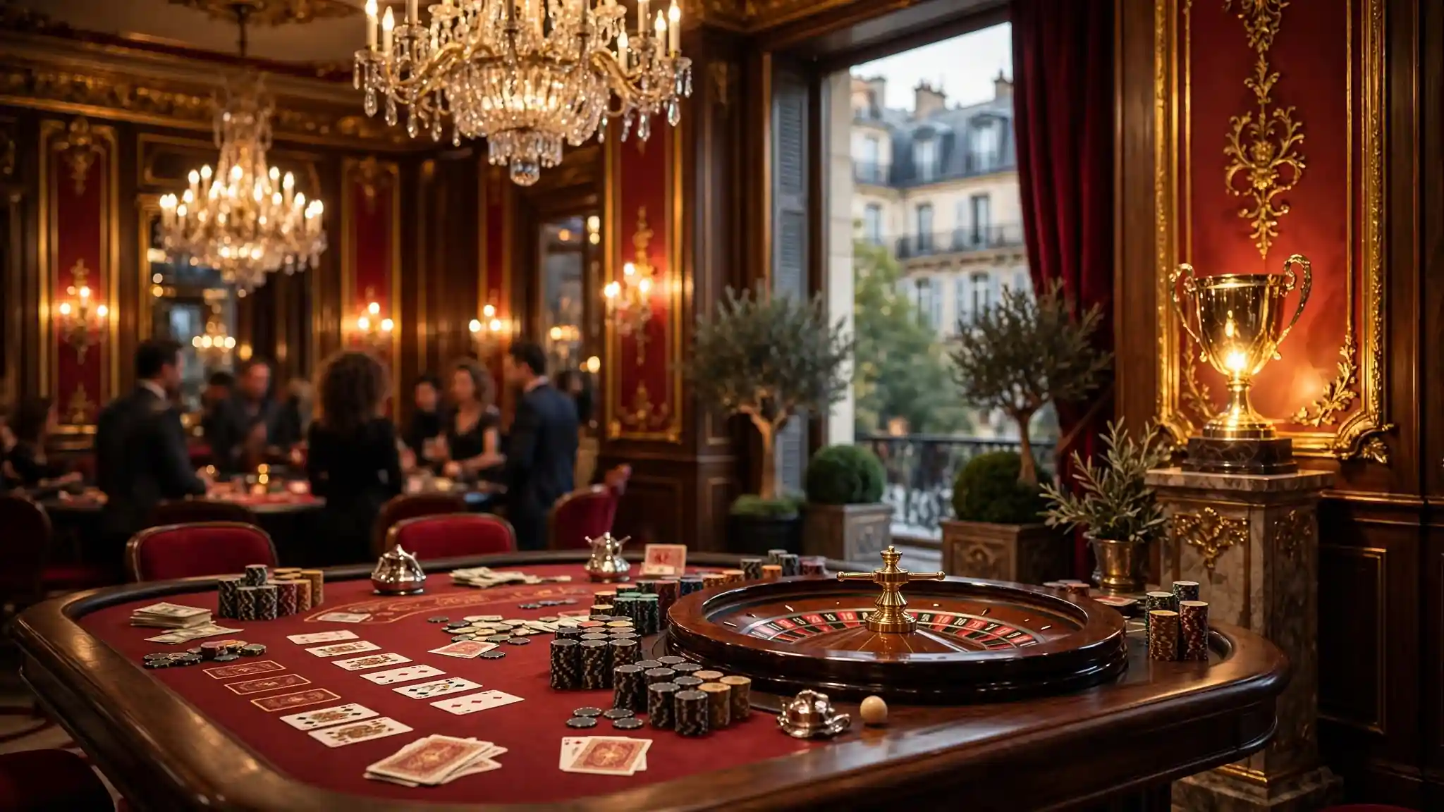 Intérieur de casino français élégant avec jetons, cartes et trophée