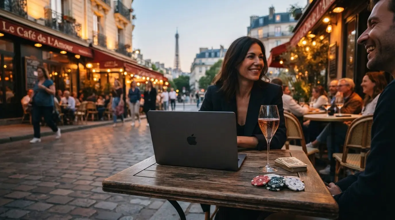 Terrasse de café français avec ordinateur fermé, verre de vin et jetons de casino, ambiance chaleureuse.